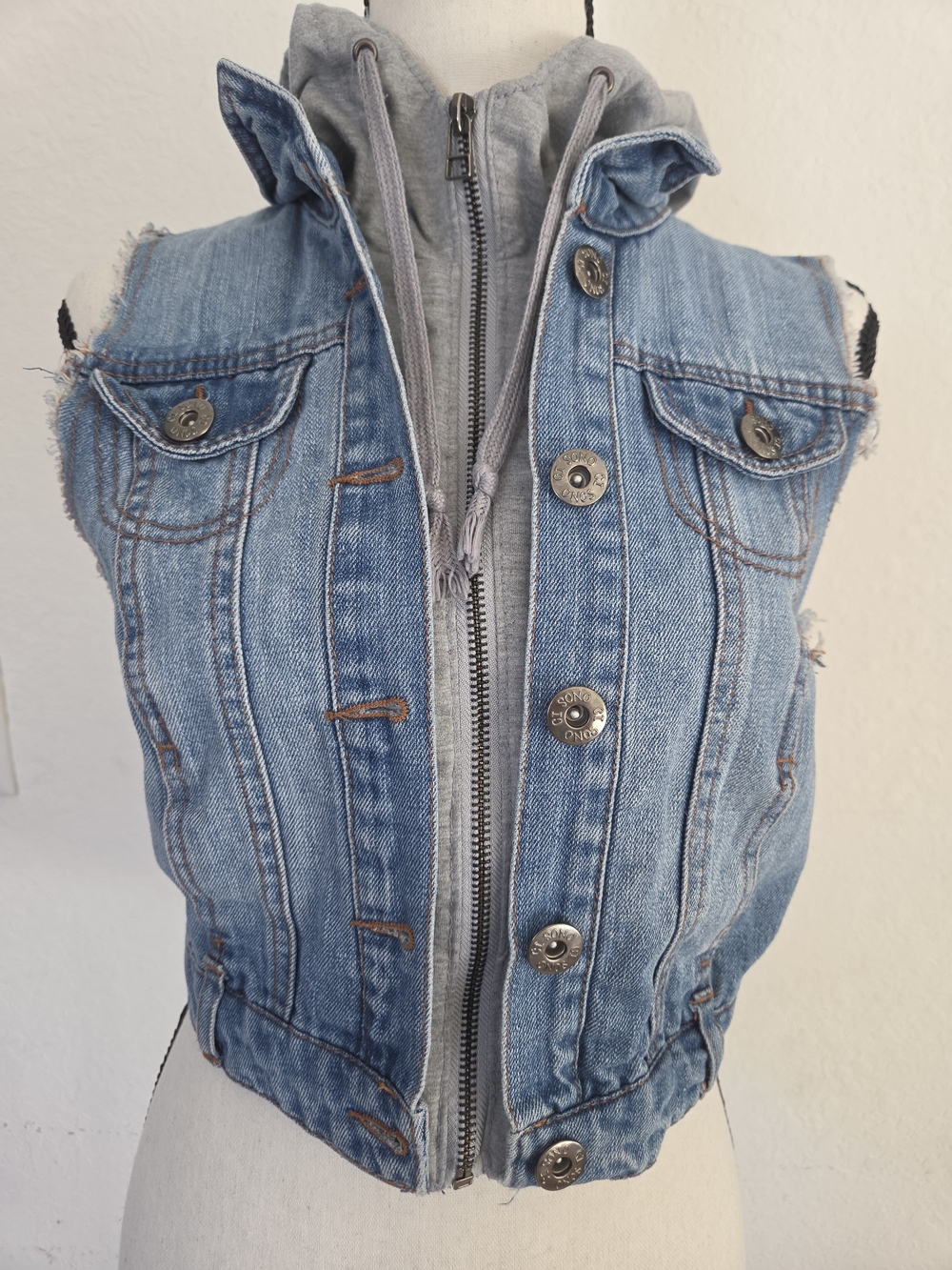 Ci Sono Y2K Denim Vest Hoodie Crop Distressed Raw Edge Blue Small S